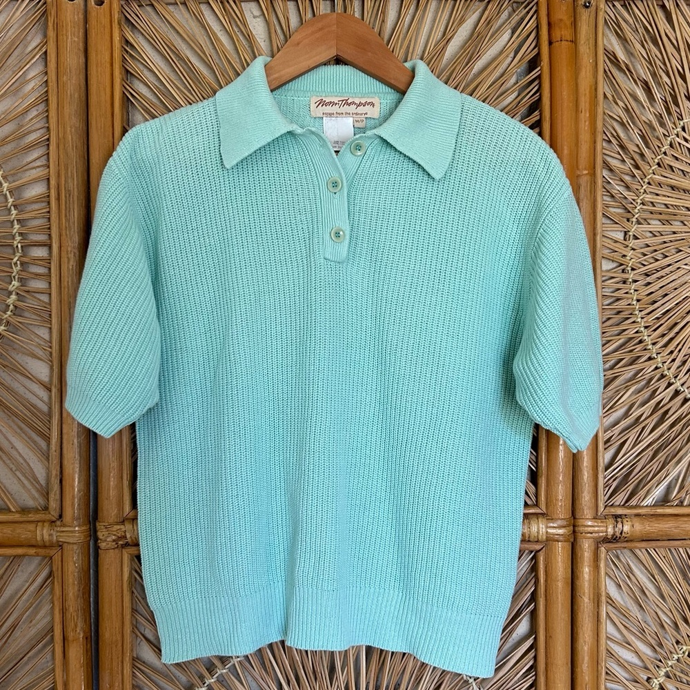Vtg Norm Thompson Light Green Knit Shirt Sweater